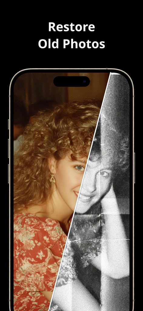 Photo Enhancer AI - PhotoPlus - Before and after comparison of an old grainy black and white photo being restored and colorized with AI