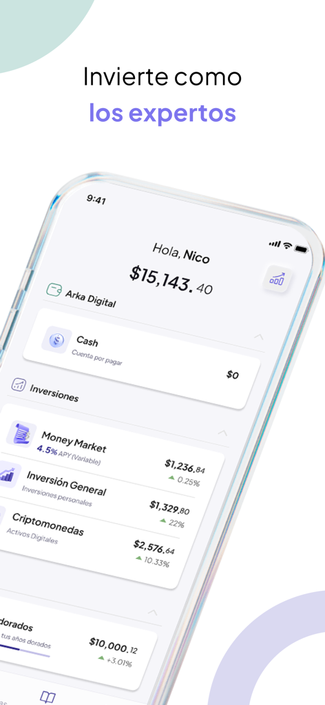 Arka - Painel do aplicativo móvel Arka mostrando um portfólio de investimentos com opções de mercado monetário e cripto em espanhol.