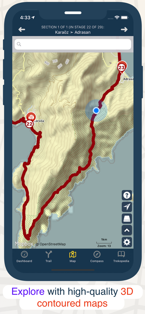 TrailSmart: Great Trails - Pantalla de smartphone que muestra la aplicación TrailSmart con un mapa de senderismo con contornos 3D y ruta.