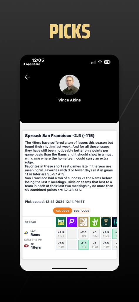 VegasInsider Betting Tips - VegasInsider app screen showing expert NFL betting picks and odds comparison across sportsbooks