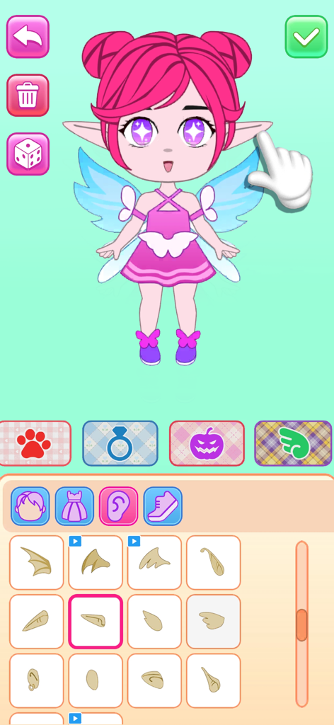 A pink haired chibi doll character being customized with elf ears in a dress up game