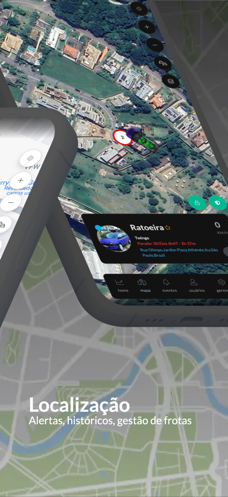 Trackernet - Tela de smartphone exibindo o aplicativo Trackernet com um mapa GPS em tempo real rastreando um veículo