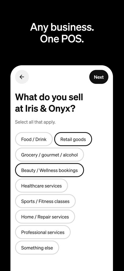 Square Point of Sale app onboarding screen with business category selection options
