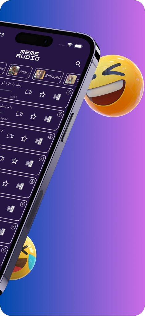 Meme Audio app interface showing categories of viral sounds with a floating laughing emoji background