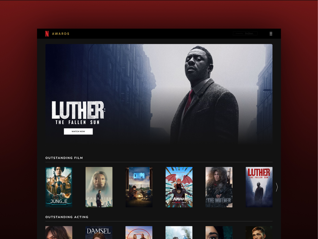Netflix Awards app home screen showing featured film Luther The Fallen Sun and categories for Outstanding Film and Acting.