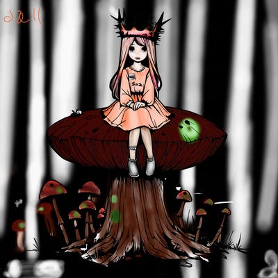 realistic girl sitting on a huge tree stump size toadstool with thorn crown
