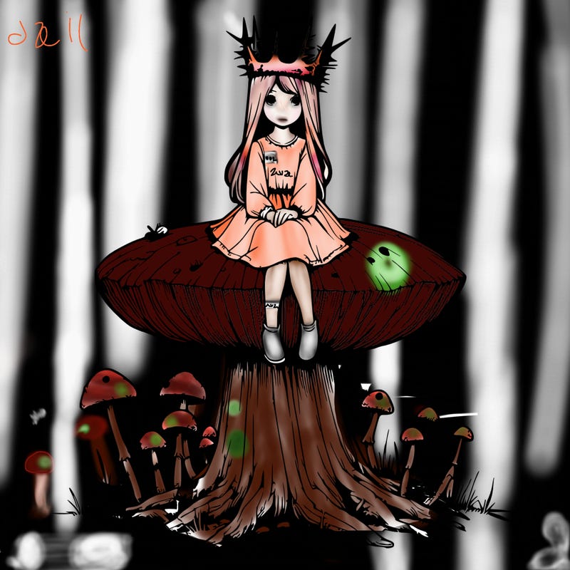 realistic girl sitting on a huge tree stump size toadstool with thorn crown