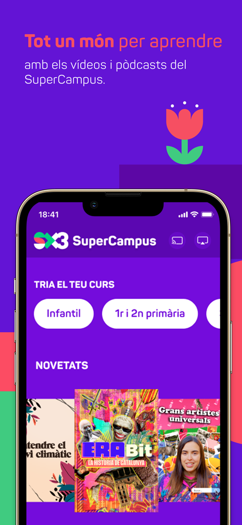 카탈루냐어로 된 어린이 교육용 비디오 및 팟캐스트가 있는 SuperCampus 섹션을 보여주는 SX3 모바일 앱 화면