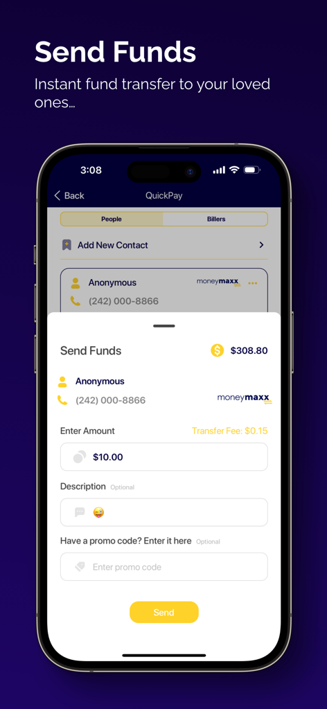 MoneyMaxx - MoneyMaxx mobile App-Oberfläche, die den Bildschirm "Geld senden" für Geldtransfers von Person zu Person auf den Bahamas zeigt