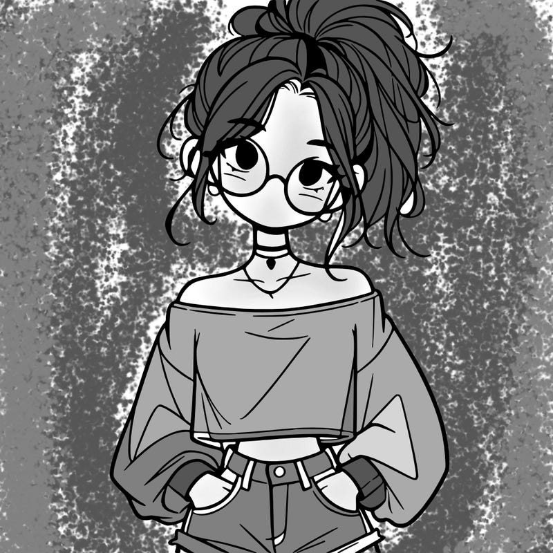 girl with a messy ponytail glasses a baggy crop top and jean shorts