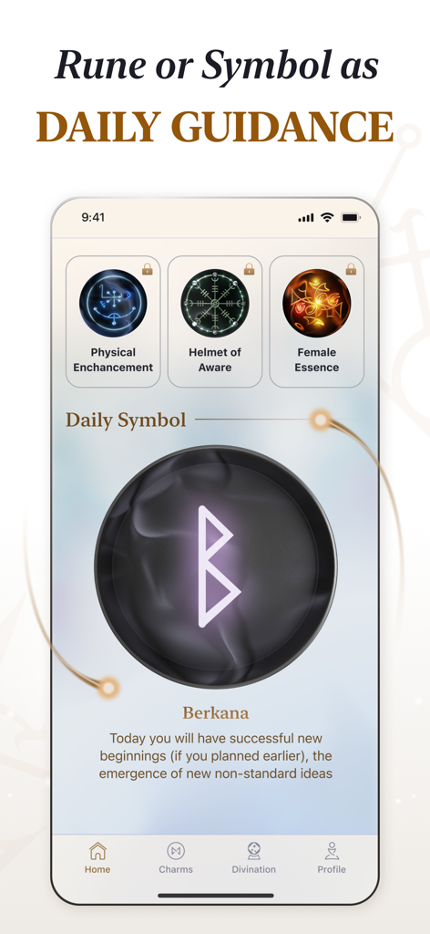 Fortune Teller - Metacharms - Pantalla de guía diaria de la aplicación Metacharms mostrando el símbolo de la runa Berkana y amuletos digitales espirituales.