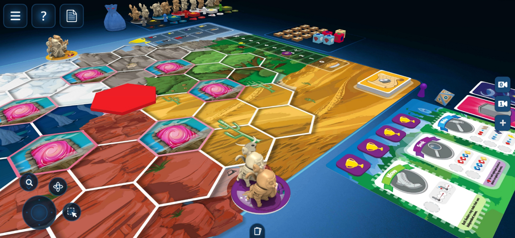 A 3D digital board game interface in Tabletopia featuring miniatures and hexagonal tiles