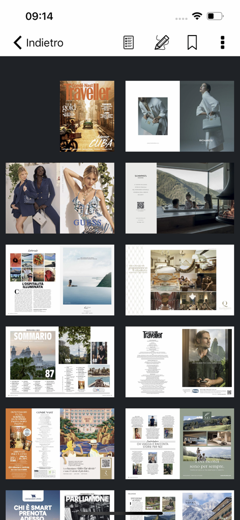 Traveller  Italia - Vista della griglia dell'archivio delle riviste digitali nell'app Traveller Italia che mostra varie pagine di viaggio e lifestyle