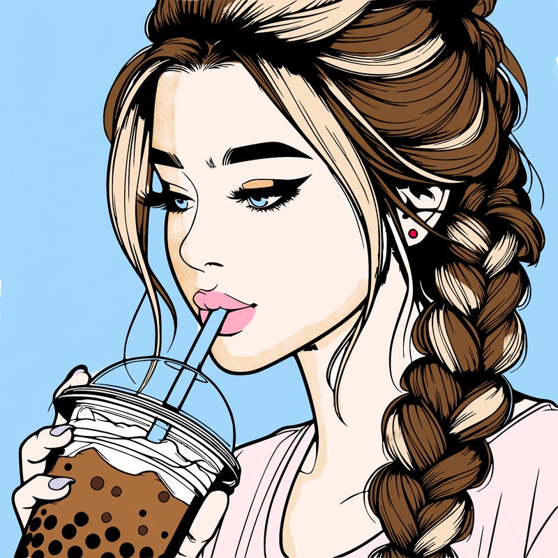 realistic girl drinking boba tea with braided hair