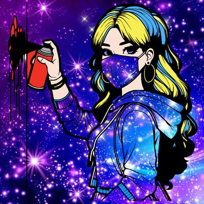 realistic girl with mask spray painting a wall