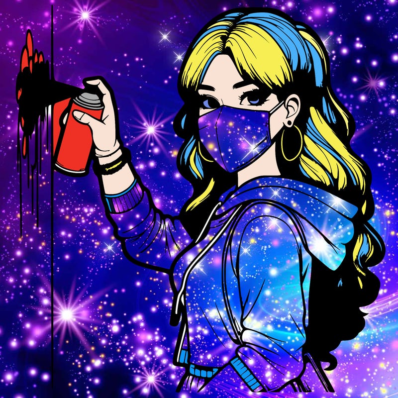 realistic girl with mask spray painting a wall