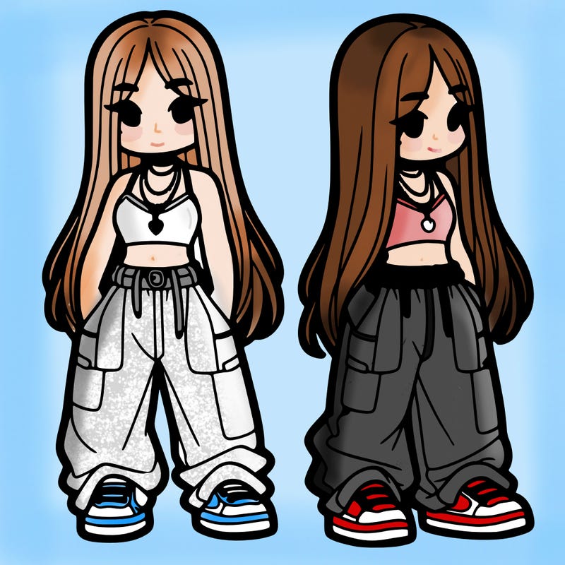 girl in baggy pants crop top and long hair