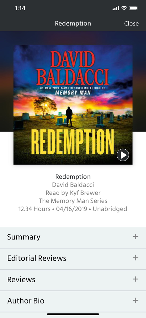 Downpour.com - Pantalla de detalles del audiolibro Redemption de David Baldacci en la aplicación Downpour.