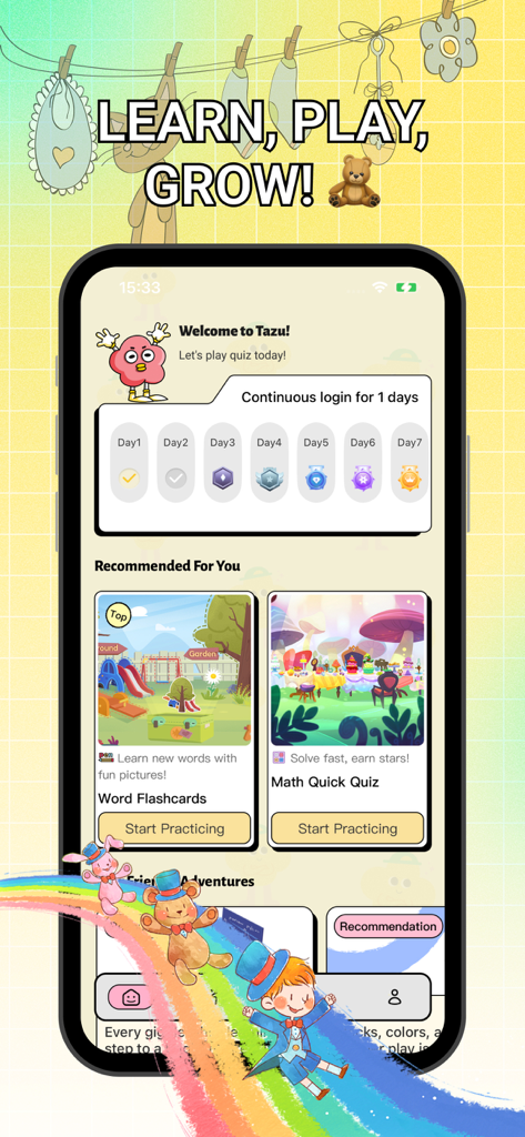 Tazu - Explore - Tazu Explore app home screen featuring preschool learning modules for word flashcards and math quizzes with cartoon illustrations