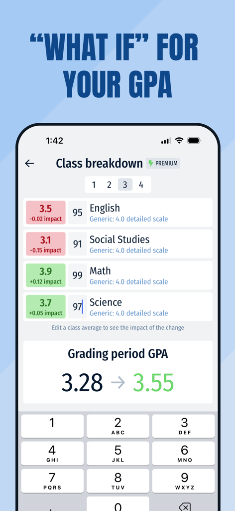 GradePro: Grades & GPA - GradePro what if calculator showing class breakdown and GPA impact simulation