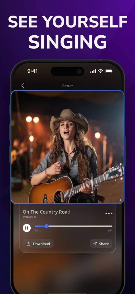 AI Song Generator - Mozart - Interfaz de la aplicación Mozart AI Song Generator que muestra una canción country generada con una mujer cantando