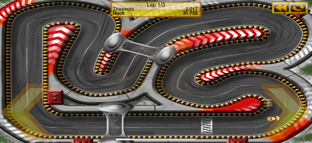 Tiny Racing - A top-down view of a curvy racing track with a yellow car in the Tiny Racing mobile game.