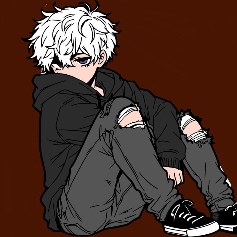 a male hoddie ripped jeans messy hair anime