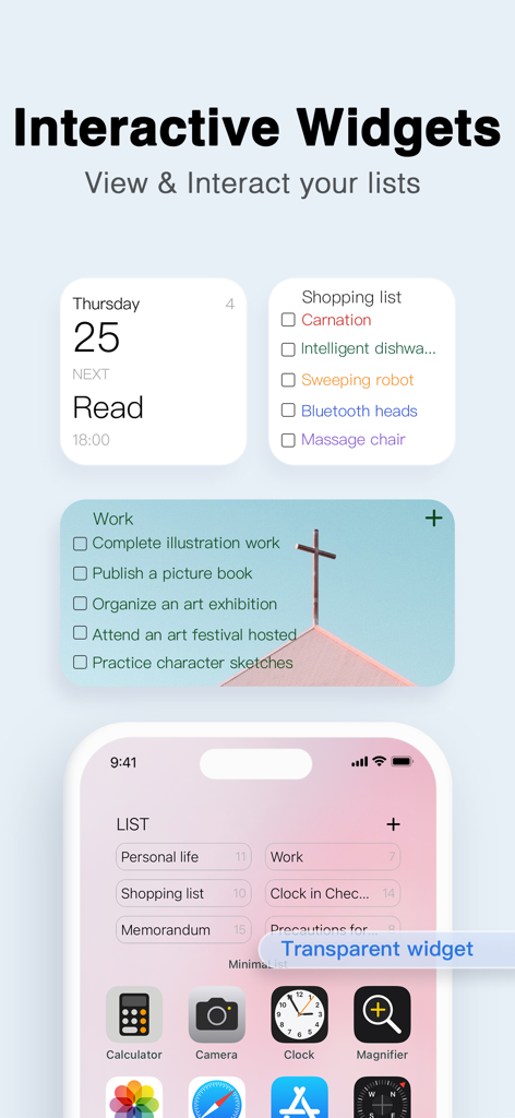 Widget interattivi e trasparenti per la schermata Home dell'app MinimaList.