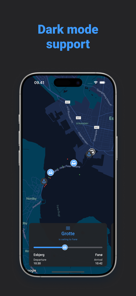 FerryLive: Fanø & Esbjerg - FerryLive-App-Oberfläche, die eine Live-Fährkarte und Abfahrtszeiten im Dunkelmodus anzeigt