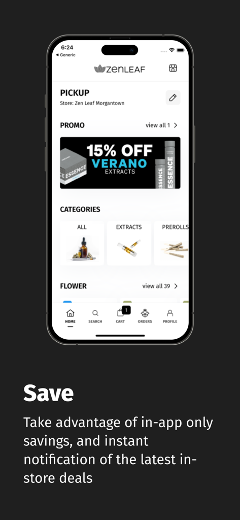 Zen Leaf+ - Interface de l'application Zen Leaf montrant une offre de réduction de 15 % et des catégories de produits pour le ramassage en dispensary