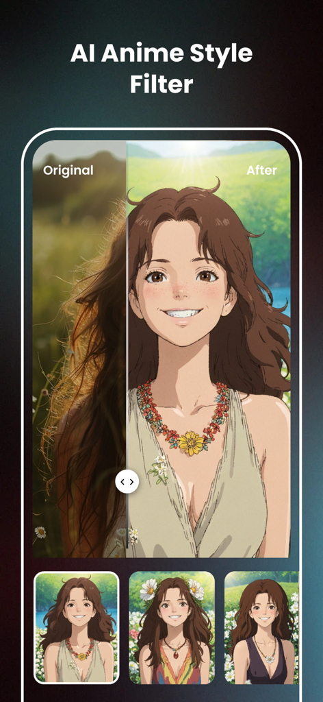 LumixAI: Turn Pic to Hot Video - A comparison showing a woman's real photo transformed into an anime style character using the LumixAI filter.