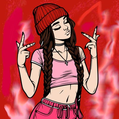 realistic teenage girl with braids and a beanie and crop top doing 🫶🏼