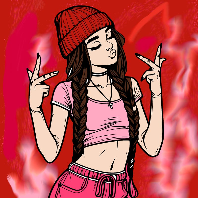 realistic teenage girl with braids and a beanie and crop top doing 🫶🏼