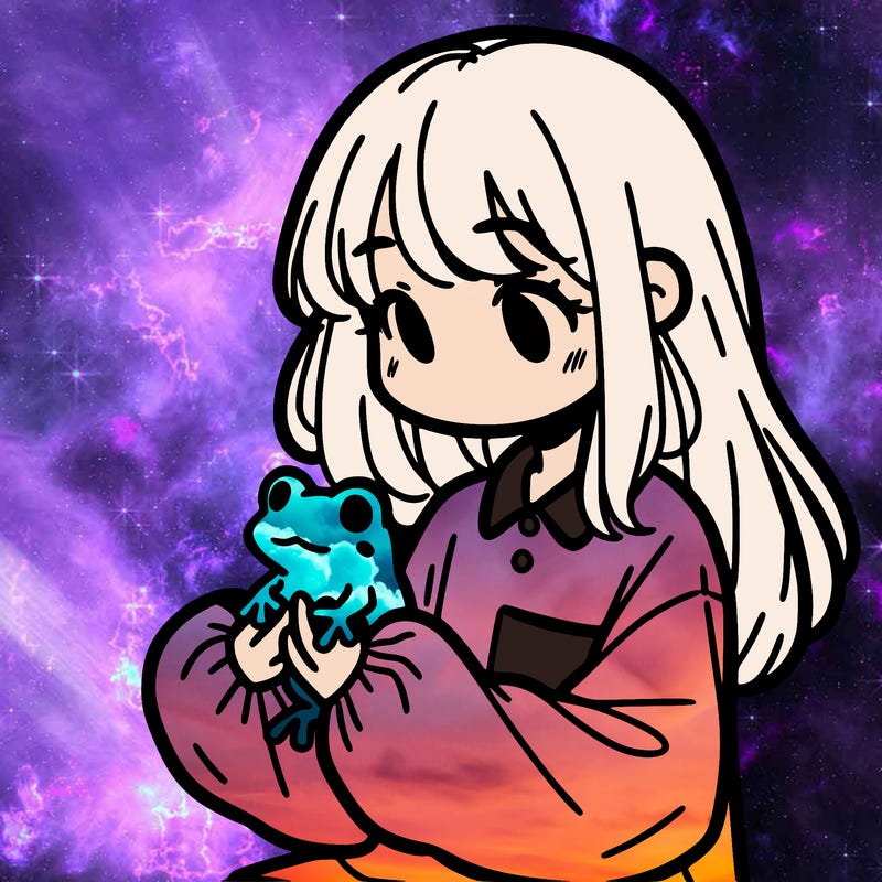 girl with long hair and a oversized shirt. and she is holding a frog