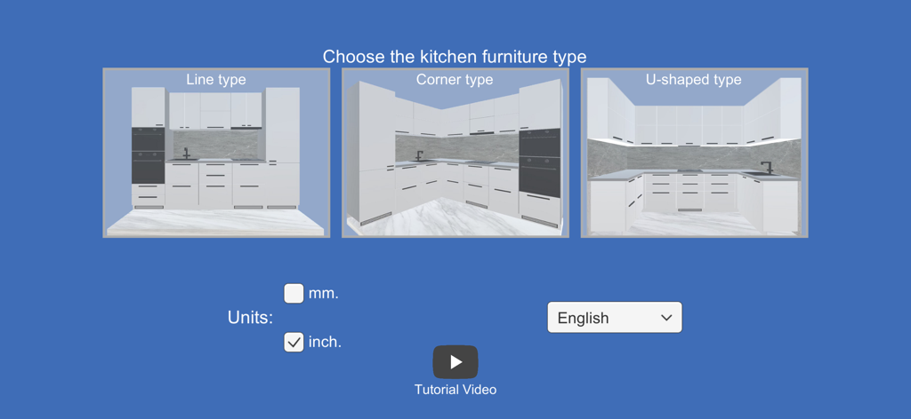 Kitchen Editor 3D - Schermata di configurazione in Kitchen Editor 3D che mostra opzioni per layout di cucina ad angolo e a U con selezione della misurazione in pollici