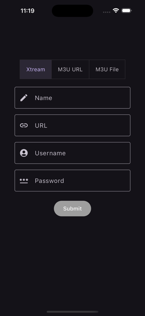 Setup screen for importing IPTV channels using Xtream codes in the Fred TV app.