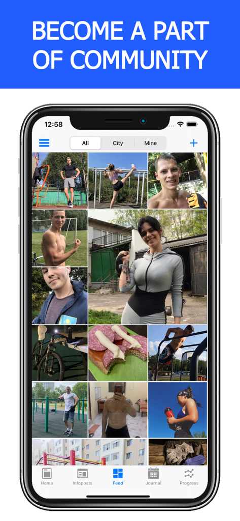 SOTKA app community feed showing user workout photos and healthy meals