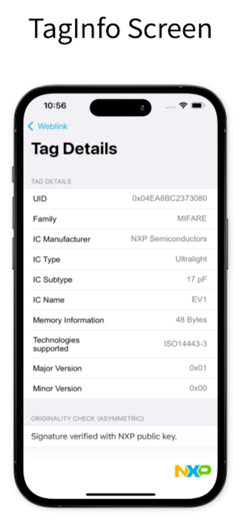 NFC TagInfo by NXP app displaying technical details for a MIFARE tag