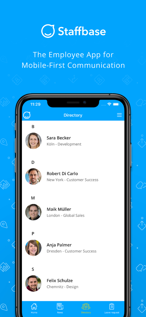 Staffbase Employee App - Pantalla del directorio de empleados de Staffbase mostrando perfiles con nombres, fotos y roles en una app de comunicación interna diseñada para móviles.