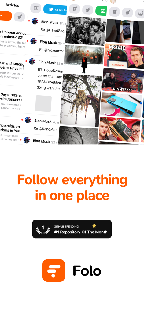 Folo app screen showing social media and news articles in one unified timeline