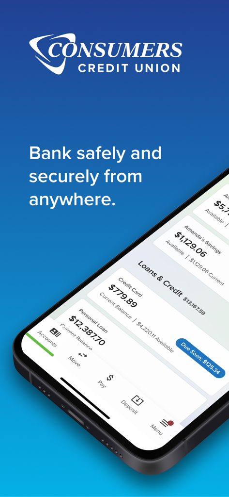 Consumers Credit Union mobile banking app interface showing account balances and navigation menu