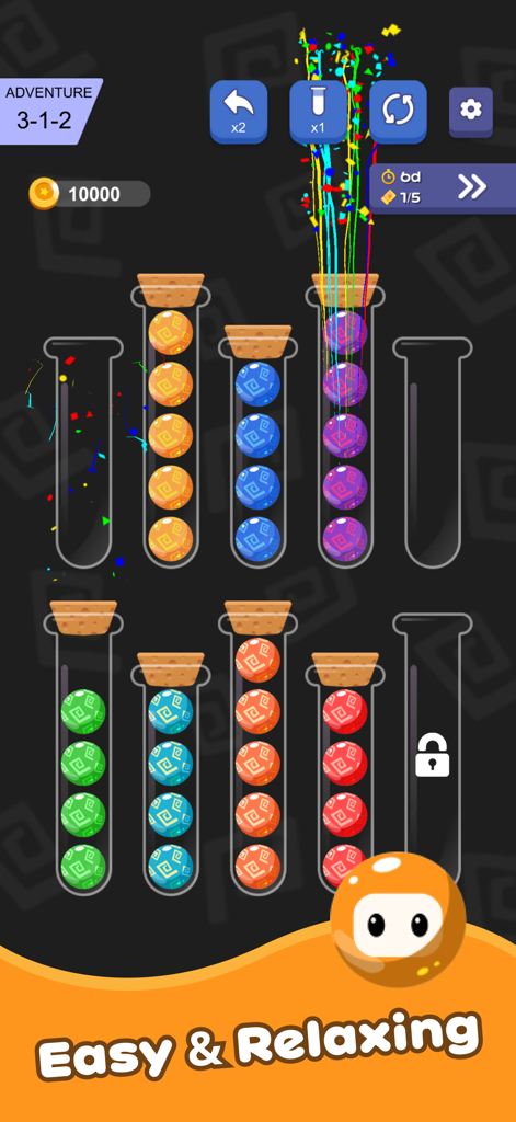 Ball Sorting Master - Puzzle - Gameplay screenshot of Ball Sorting Master Puzzle showing colored balls being organized into glass tubes with an easy and relaxing message