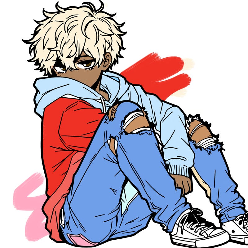 a male hoddie ripped jeans messy hair anime