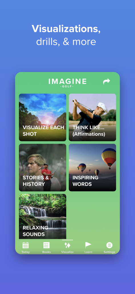 Imagine Golf app screen displaying mental game categories including visualizations, affirmations, history stories, and relaxing sounds.