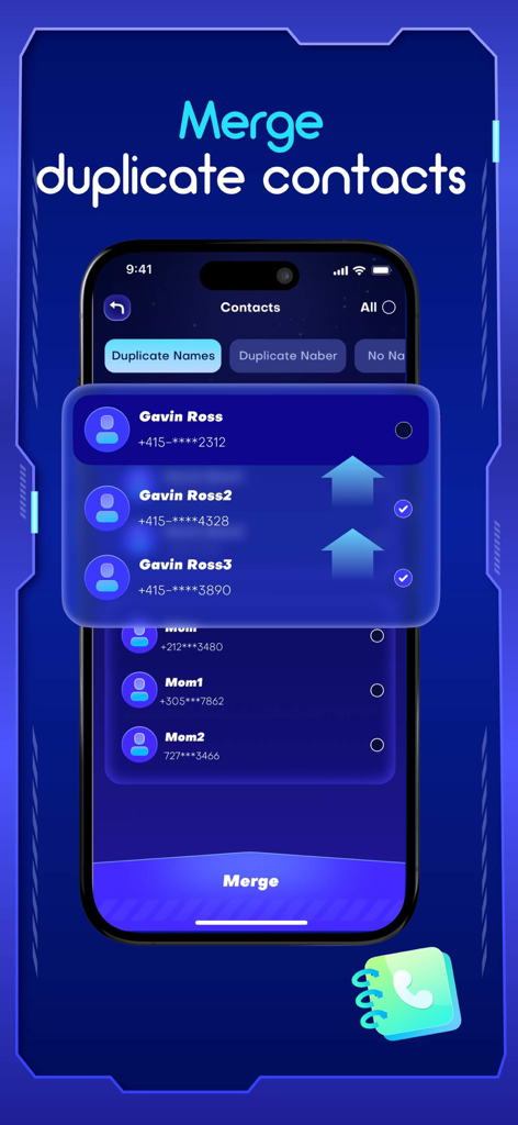 Phone Master-Clean Master - Phone Master app interface showing the merge duplicate contacts feature with a list of similar contact names