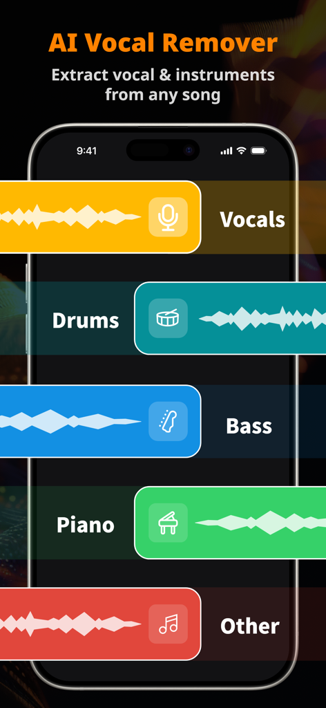 Vocal Remover Editor: MusicLab - MusicLab app interface showing AI separation of a song into individual tracks for vocals drums bass and piano