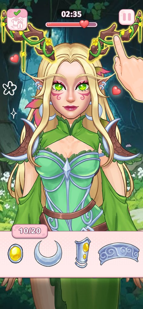 Cosplaydom - Um personagem elfo da floresta com chifres e olhos verdes sendo estilizado no jogo mobile Cosplaydom.