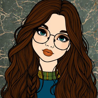 girl with long hair and freckles and glasses realistic