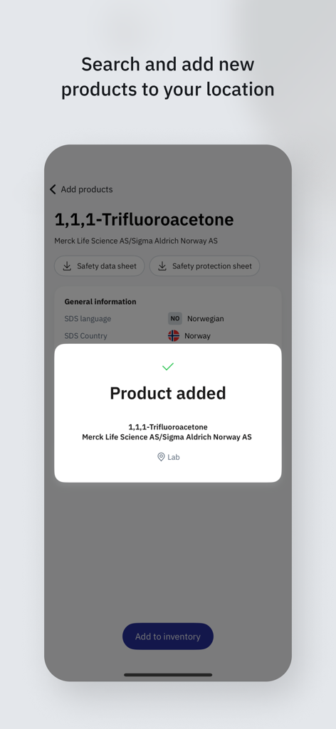 Chemical Manager - Confirmation screen in the Chemical Manager app showing a chemical product successfully added to the lab inventory