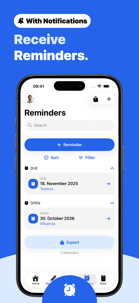 Immunization Record – Vaccy - Vaccy app interface displaying upcoming vaccination reminders for Tetanus and Influenza shots